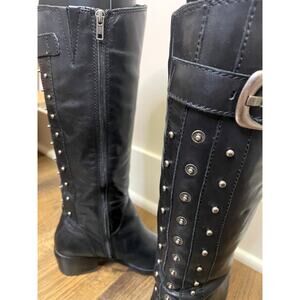 Arturo Chiang "Billie 2" Studded Riding Boots Black Leather Knee Boots Size 7.5